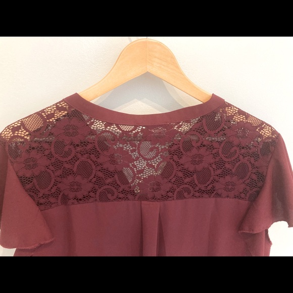 Burgundy flutter sleeve blouse with lace detail - Picture 6 of 16